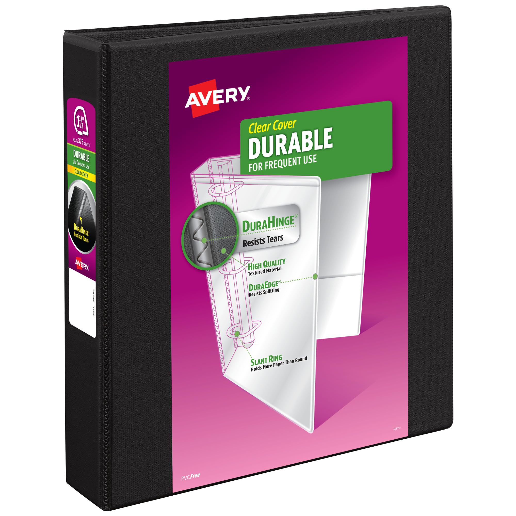 Photo 1 of Avery Durable View 3 Ring Binders, 1.5 Inch Slant Rings, 375-Sheet Capacity, DuraHinge, 2.1 Inch Wide Spine, Customizable Clear Covers and Spine, 1 Black Binder (17021)