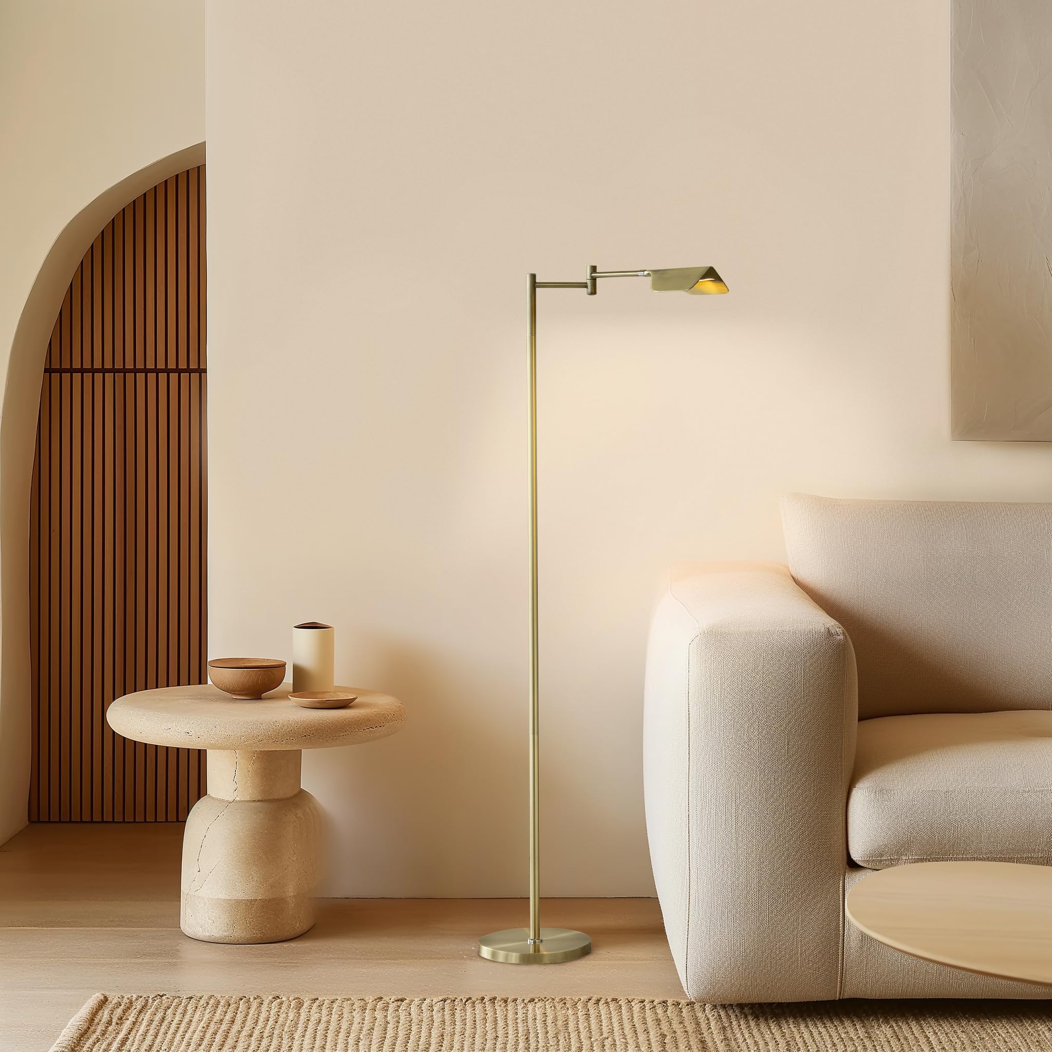 Brightech Leaf Pharmacy LED Reading Lamp, Dimmable Floor Lamp with Easy Rotation over Chair or Desk for Living Rooms & Offices, Adjustable Standing Tall Lamp, For Sewing & Crafts, Antique Brass (Gold)