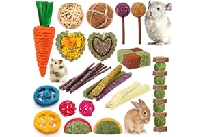 YIXUND Rabbit & Guinea Pig Toys - Natural Timothy Hay & Apple Wood Sticks for Teeth Care - Handmade for Hamster, Bunny, Chinchilla (27 Pcs)
