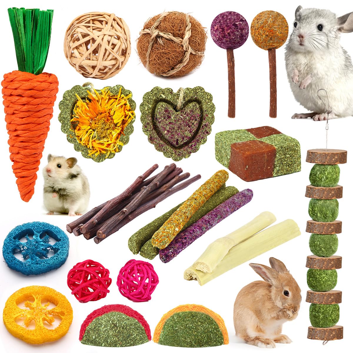 Rabbit Toys Bunny Chew Toys for Teeth, Hamster/Guinea Pig Toys Natural Timothy Hay Sticks Treats Balls and Apple Wood Sticks for Chinchilla, Guinea Pig, Hamster Handmade Natural Pet Chew and Play Bund