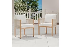 DAYARUS Outdoor Dining Chairs Set of 2, Wicker Patio Furniture Set with Armrests, Cushioned Backrest Patio Arm Chairs, Metal Barrel Dining Room Chair, Modern Kitchen Table Chair for Balcony, Beige