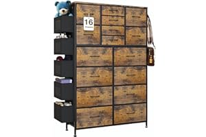 HUAHUU Dresser for Bedroom, Dresser with Large Side Pockets and Hooks, Tall Fabric 16 Drawers Dresser, Sturdy Steel Frame, Rounded Corner Wooden Top Dresser for Closet, Rustic Brown