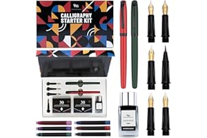 WORDSWORTH & BLACK Wordsworth and Black Calligraphy Pen Set - Green - Includes 2 Calligraphy Pens, 18 ML Ink Bottle, 60 Ink Cartridges, Ink Refill Converter, 1 Medium and 4 Broad Nibs, Brush Pen