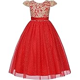 Uhnice Girls Embroidered Mesh Flower Dress Tulle Formal Gown with Removable Bow for Wedding Party
