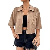 SHENHE Women's Cropped Button Down Shirt Collared Short Sleeve Casual Blouse with Chest Pocket