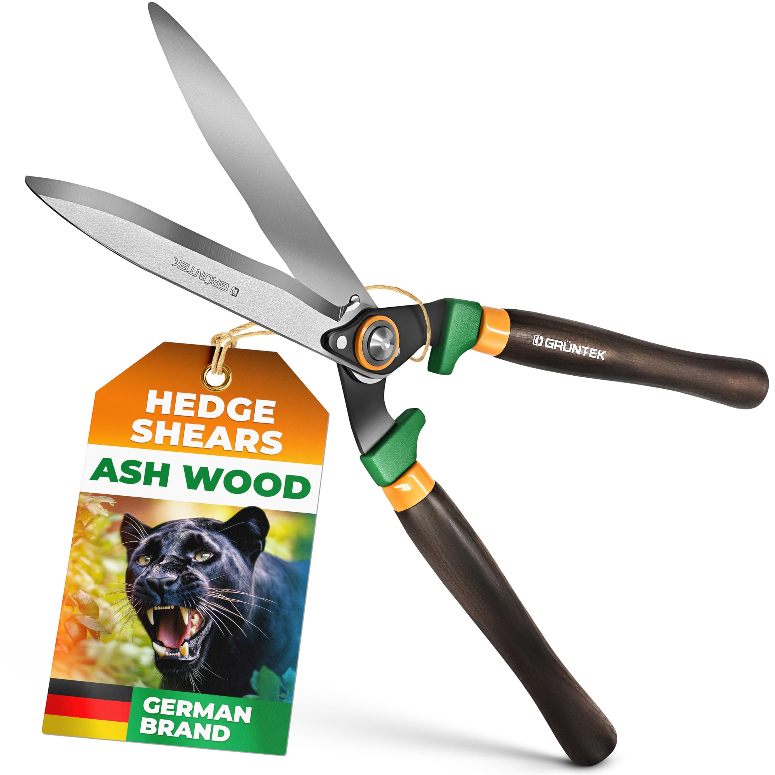 GRÜNTEK Hedge Shears Panther 460 mm - Versatile Garden and Shrub Shears with Steel Blades, Ergonomic Wooden Handles, and Corrugated Blade Design