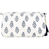 Palmetto Home Handcrafted Block-Print Makeup Bag & Toiletry Pouch – Handmade Cotton Artisan Cosmetic Travel Case, Gift-Worthy Organizer for Women (Blue & White Boho)
