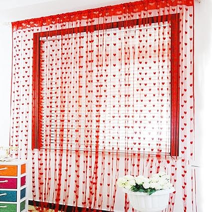 PINDIA Heart Polyester Windows Thread Curtain - 6ft, Red