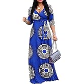 AOMONI Women's Floral Print Maxi Dresses Summer with Pockets Casual 3 4 Sleeve V-Neck Wrap Tie Waist Long Dress, M-3XL