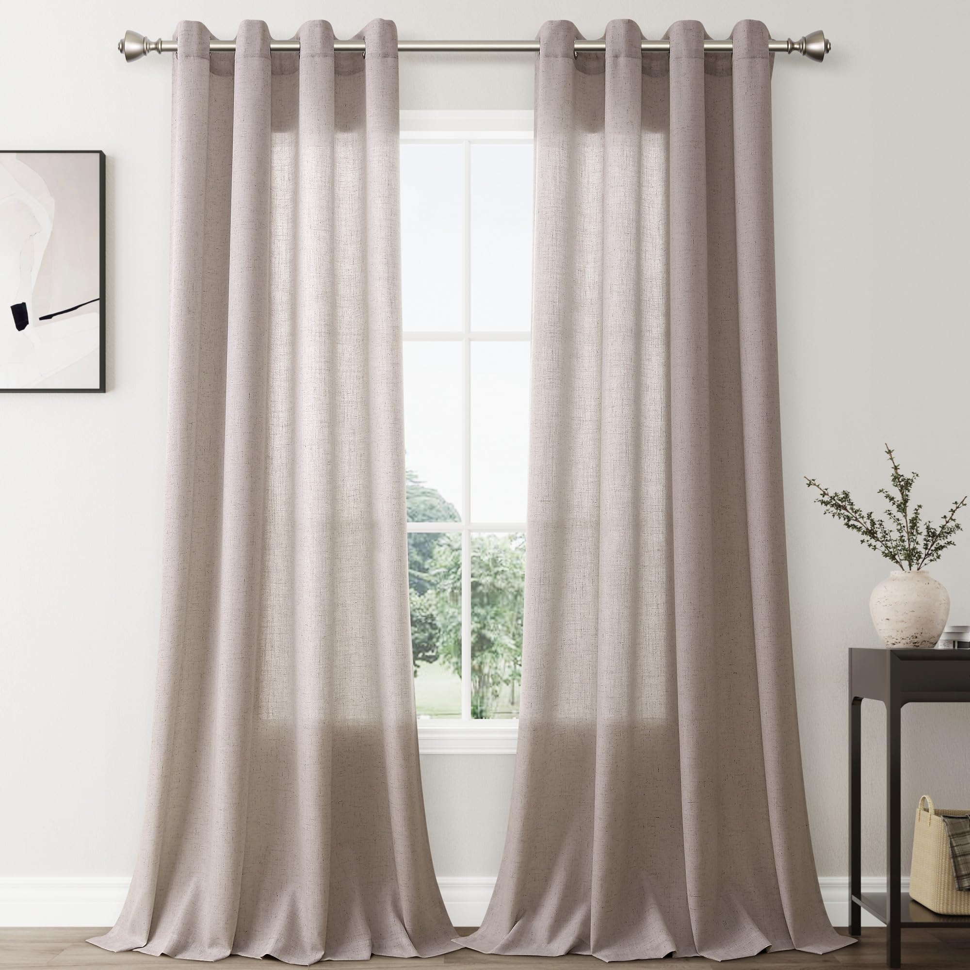 Photo 1 of Nanspring Brownish Grey Living Room Curtains 96 Inches Long 2 Panel Set Linen Grommet Light Filtering Semi Sheer Curtain Drapes Farmhouse Decor for Bedroom 52x96