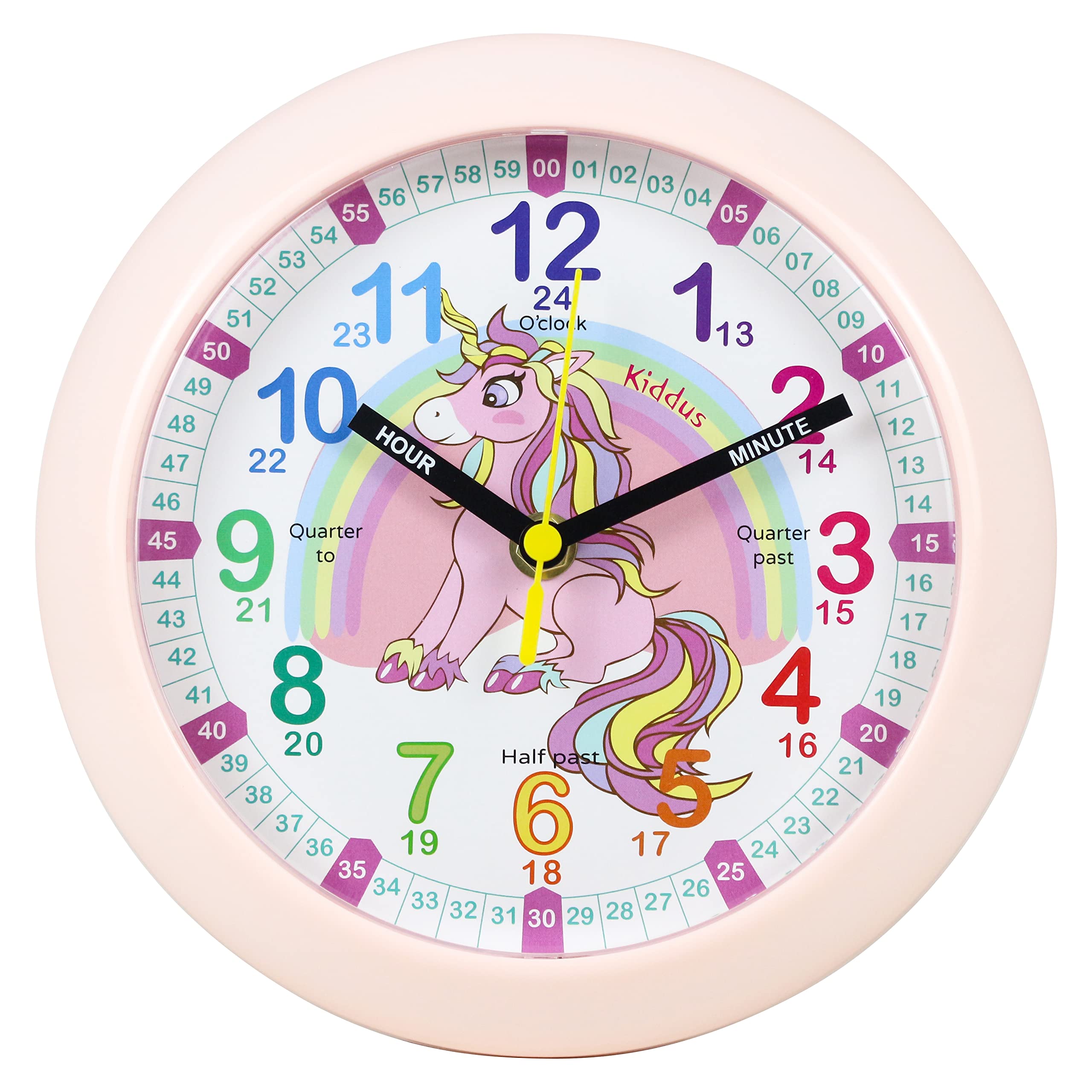 Kiddus Wall Clock for Boys and Girls. Silent Analogue Time Teacher with Exercises. Easy to Read and Learn the Time. New Unicorn