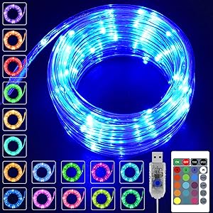 KNONEW LED Rope Lights 16 Colors Changing 100 LED 33ft USB Powered Fairy Rope Light with Remote, Indoor Decorative Lighting for Wedding Christmas Waterproof Outdoor Garden Stairs Balcony Party
