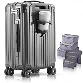20" Hard Shell Carry On Luggage, Lightweight Suitcase with Wheels, Grey | Airline Approved, PC Hardshell Carry-on with Cup Holder, 360&deg; Silent Rubber Spinner Wheels, TSA Lock, Telescopic Alloy Handle