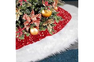 GOONAVI Christmas Tree Skirt 48 Inch Red Sparkly with Faux Fur Plush Christmas Decorations Tree Base Mat Thick Velvet Rugs for Holiday Home Decor Party Xmas
