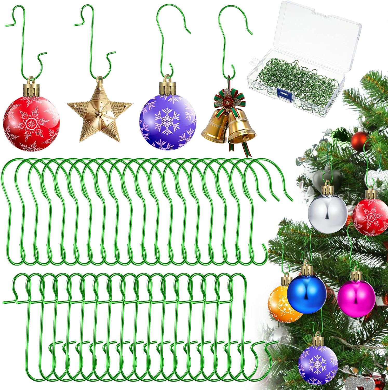 Ornament Hooks - 200 Pieces Christmas Ornament Hooks Bulk 1.6 Inch Metal Xmas Tree Ornament Hangers C and S Shaped Ornament Hooks with Storage Box for Christmas Tree Ornaments Hanging Decorations (Green)