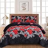 Yiran Black Floral Quilt Set Queen Size Summer Botanical Bedspreads Bedding Set 3 Pieces Lightweight Rose Flowers Printed Coverlet with 2 Pillow Shams for All Season 96x90 Inch