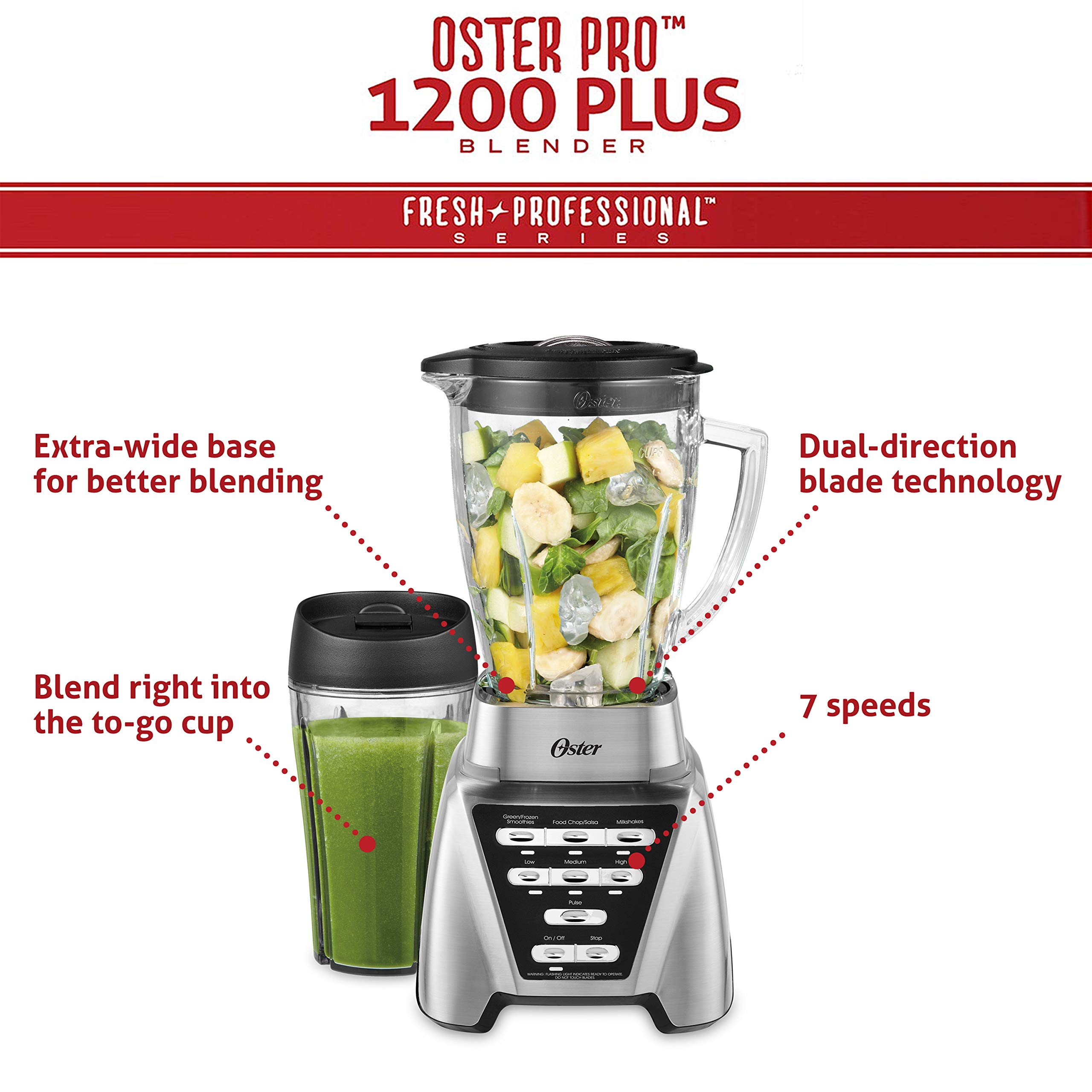 Oster Pro 1200 Smoothie Blender with Glass Jar & 24oz To-Go Cup, Countertop Kitchen Blender with 7 Speeds, 1200W Power, Brushed Nickel