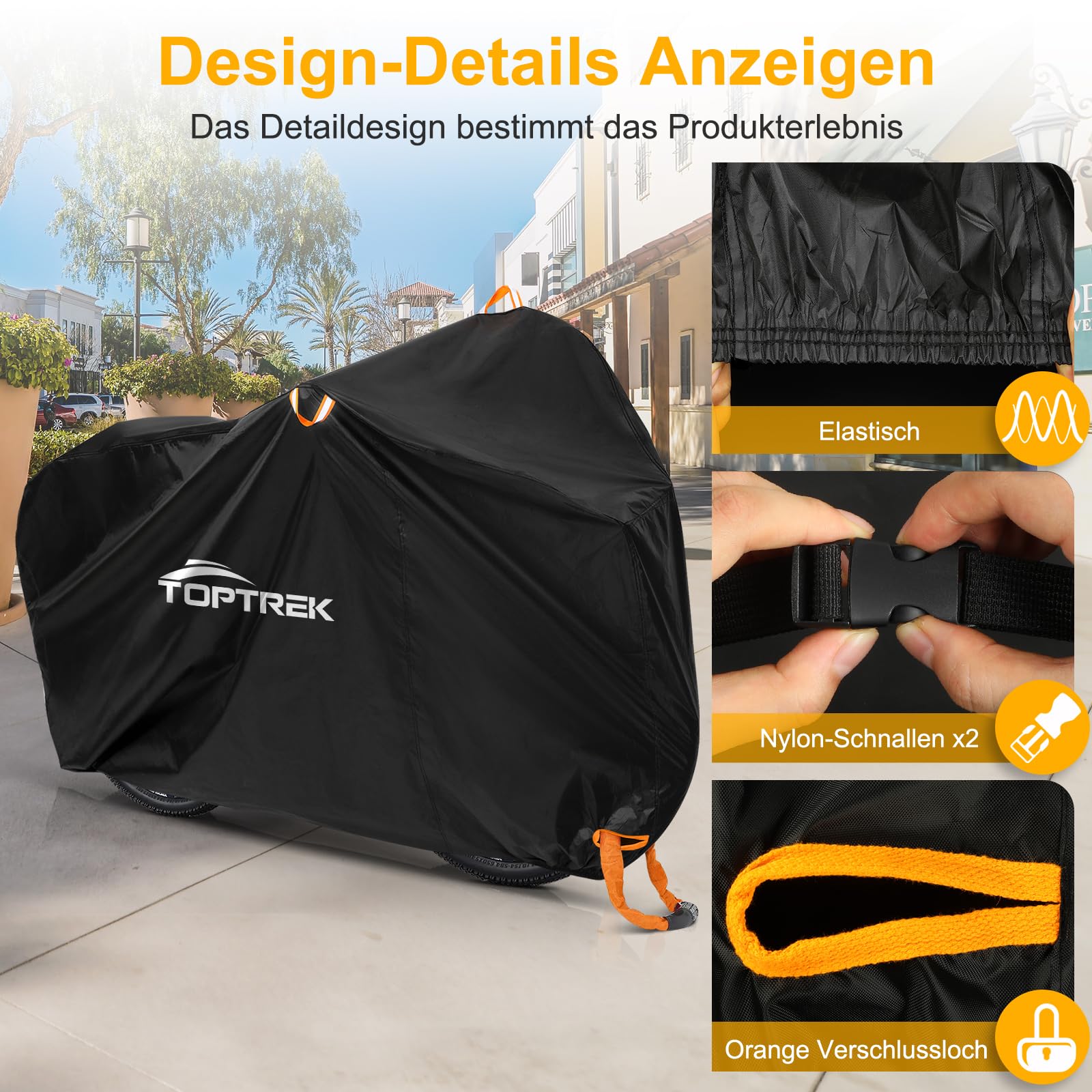 toptrek Fahrradabdeckung Wasserdicht 210D Oxford-Gewebe Fahrradgarage Outdoor 200 x 110 x 70 cm Hochwertige Fahrrad Abdeckplane mit Schlossösen Sonnenschutz Reißfestigkeit mit Beutel 4
