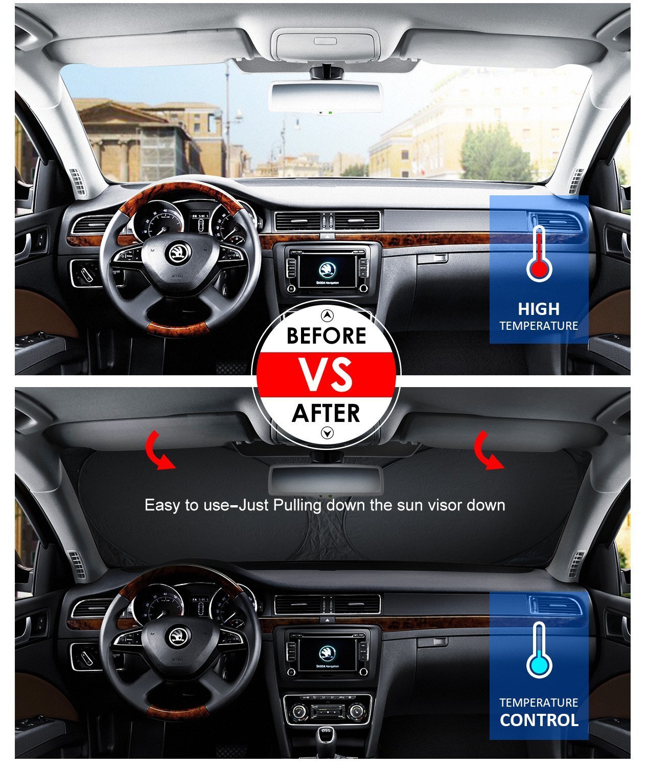 Windshield Sun Shade With 2 Ears For Maximum UV And Sun Protection -Foldable Sunshade For Car Windshield Will Keep Your Car Cooler- Easy To Use Windshield Sunshade 63\'\'x33.9\'\'