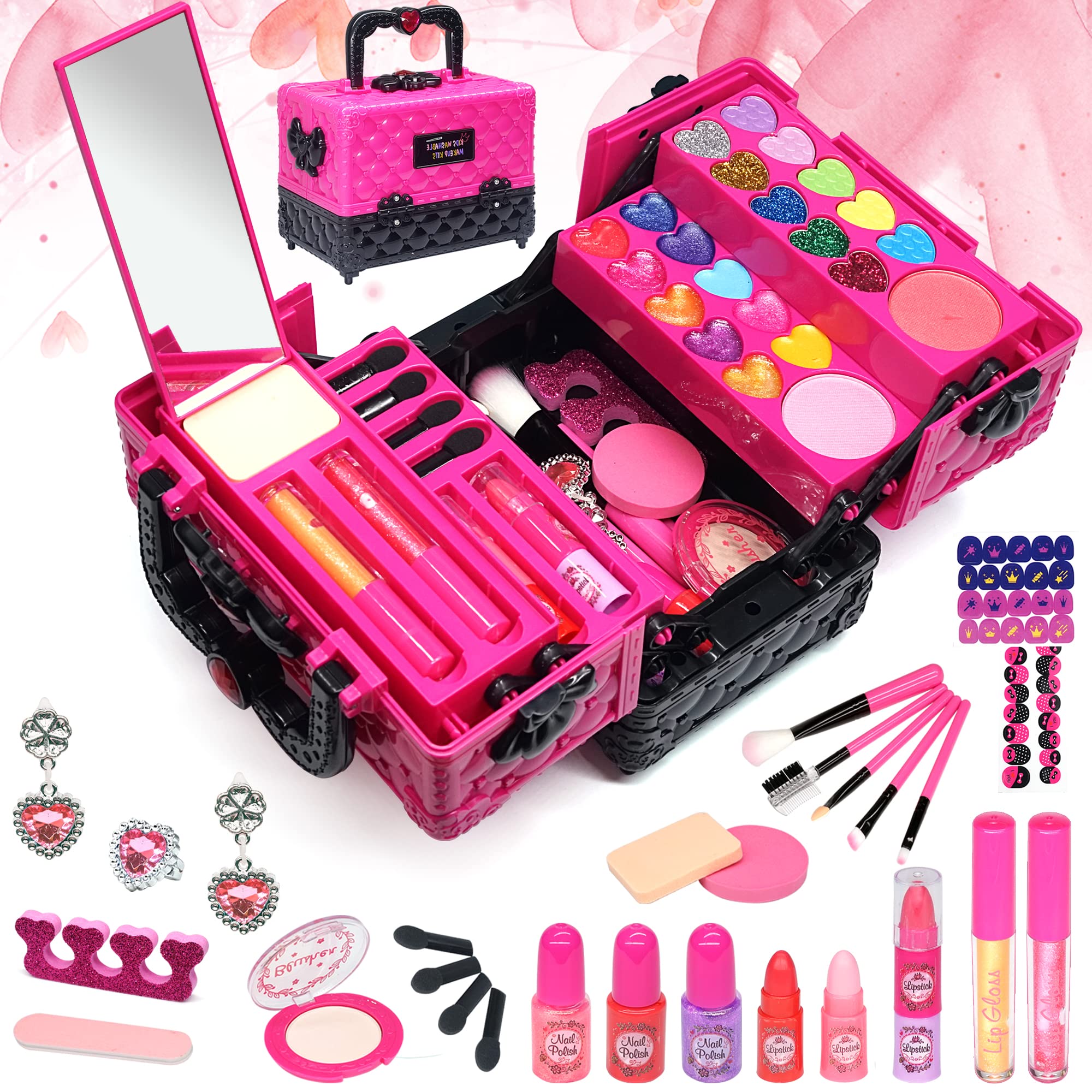 Kids Makeup Sets for Girls - 52 PCS Washable Makeup for Children, Girls Make Up Set 4-12, Play Make Up for Kids Princess, Birthday (Rose)