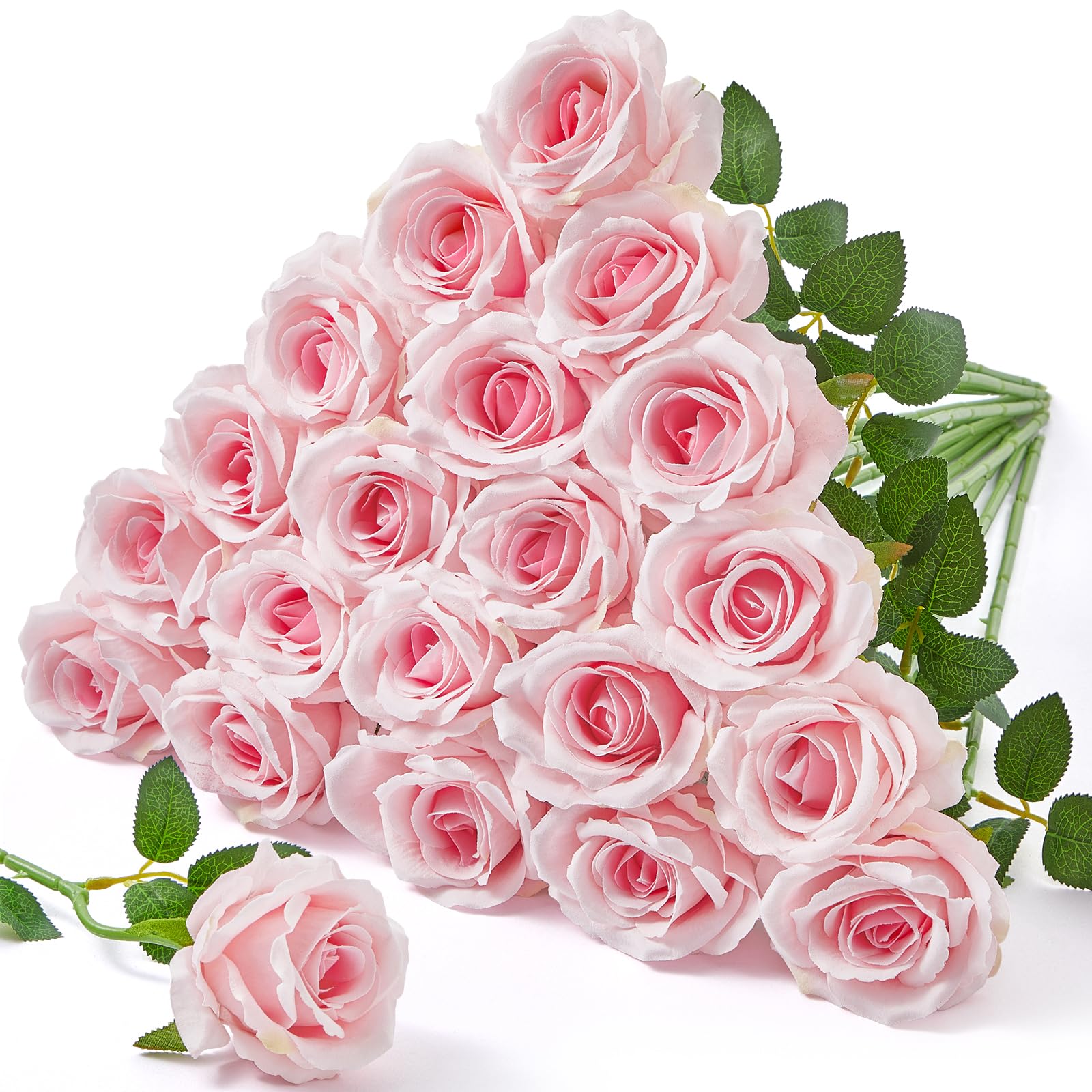 Photo 1 of Serwalin 20pcs Bright Pink Artificial Roses, 4'' Big Flower Head, Velvet Roses Real Touch, Silk Fake Roses Long Stem Realistic Bouquet for Wedding Table Centerpiece and Home Decor