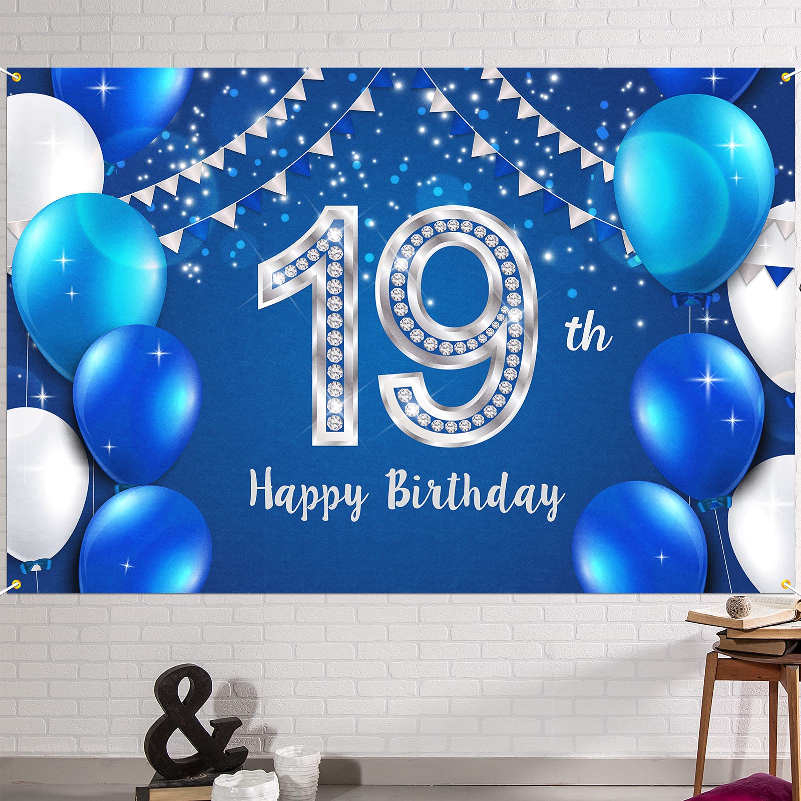 Photo 1 of HAMIGAR 6x4ft Happy 19th Birthday Banner Backdrop - 19 Years Old Birthday Decorations Party Supplies for Women Men - Blue Silver