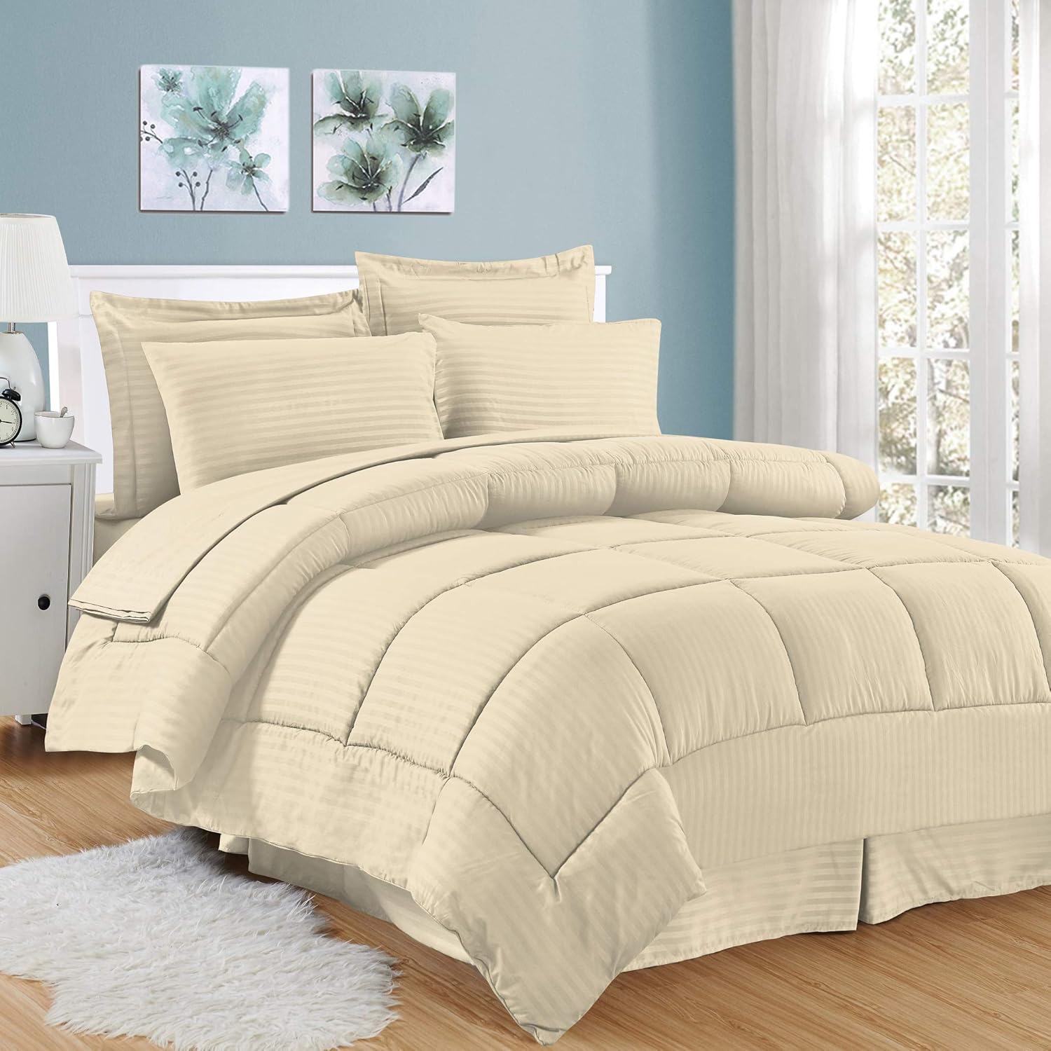 Sweet Home Collection 8 Piece Bed in A Bag Stripe Sheets, 2 Pillowcases, 2 Shams Down Alternative All Season Warmth, Queen, Dobby Gray: Home & Kitchen