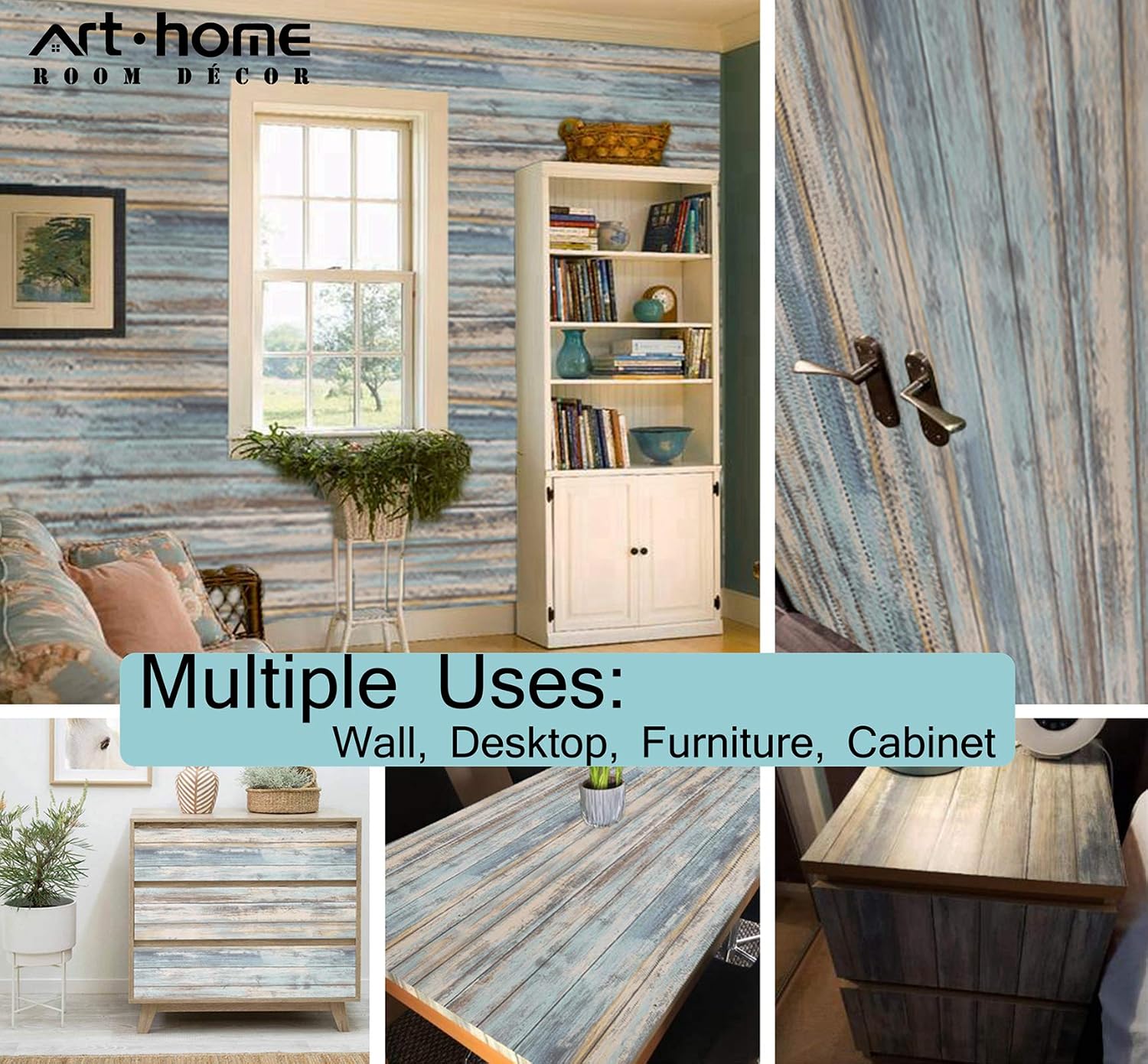 Arthome Blue Rustic Wood Paper 43.5cmx305cm Self-Adhesive Removable Wood Peel and Stick Wallpaper Vinyl Decorative Plank Film Wall Covering for Furniture Easy to Clean Wooden Grain Paper - Image 4