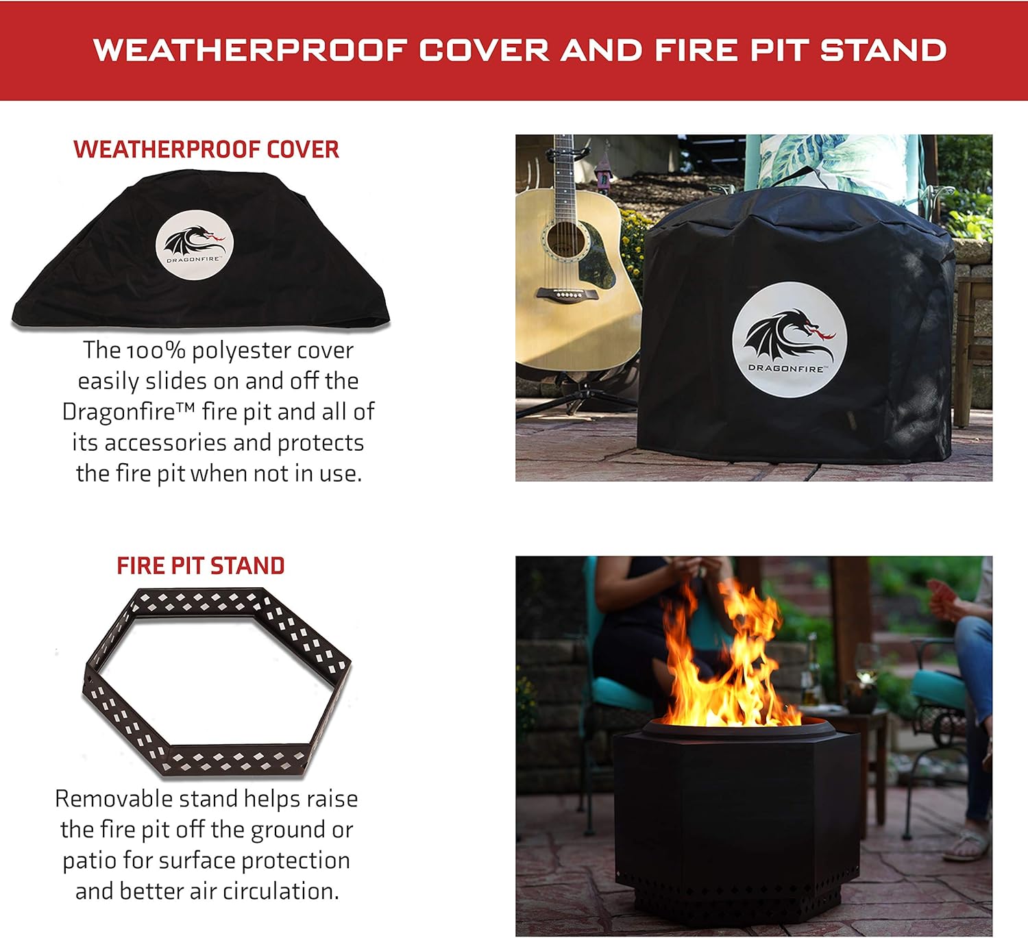 Dragonfire 23.5 Inch Smokeless Wood Burning Outdoor Bonfire Fire Pit Bundle, Includes Stand, Spark Screen, & Waterproof Cover - Great for Camping, Cooking, Tailgating, and Patio, Black : Garden & Outdoor