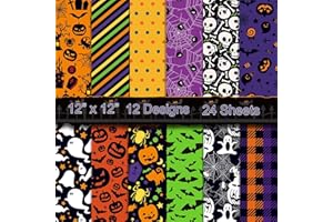 sorkwo 24 Sheets Halloween Pattern Paper Set, 12"x12" Patterned Cardstock Paper Scrapbooking Supplies Paper Spider Pumpkin Bat Witch Plaid Stripe Dot Origami Paper - 12 Styles