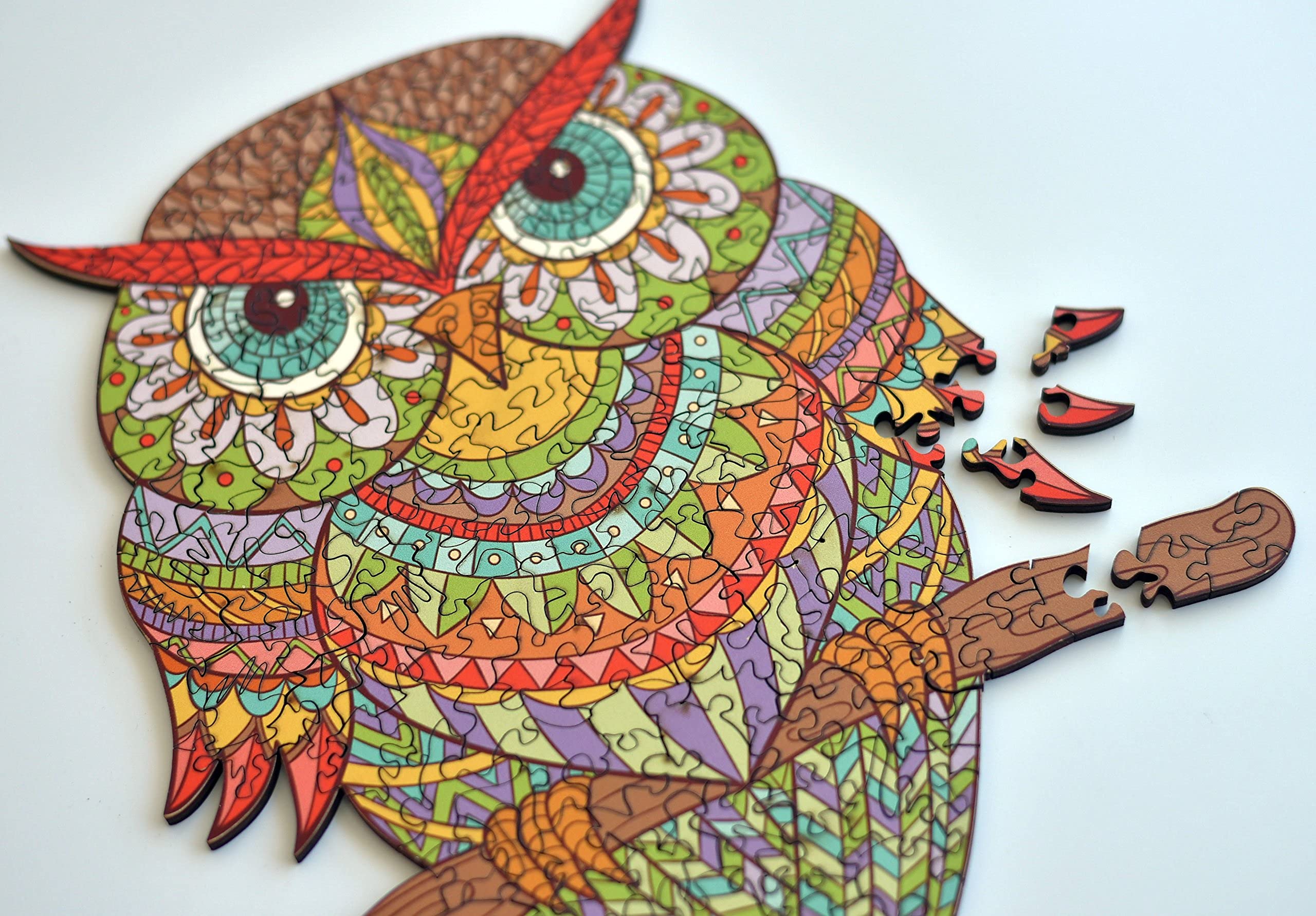 HARTMAZE Wooden Jigsaw Puzzles Colorful Owl HM-04 Small Bird Puzzle 206 Unique Shape Jigsaw Pieces-Beautiful Animal for Adults and 8 Years Age up Teens- Best for Family Game Play Collection.