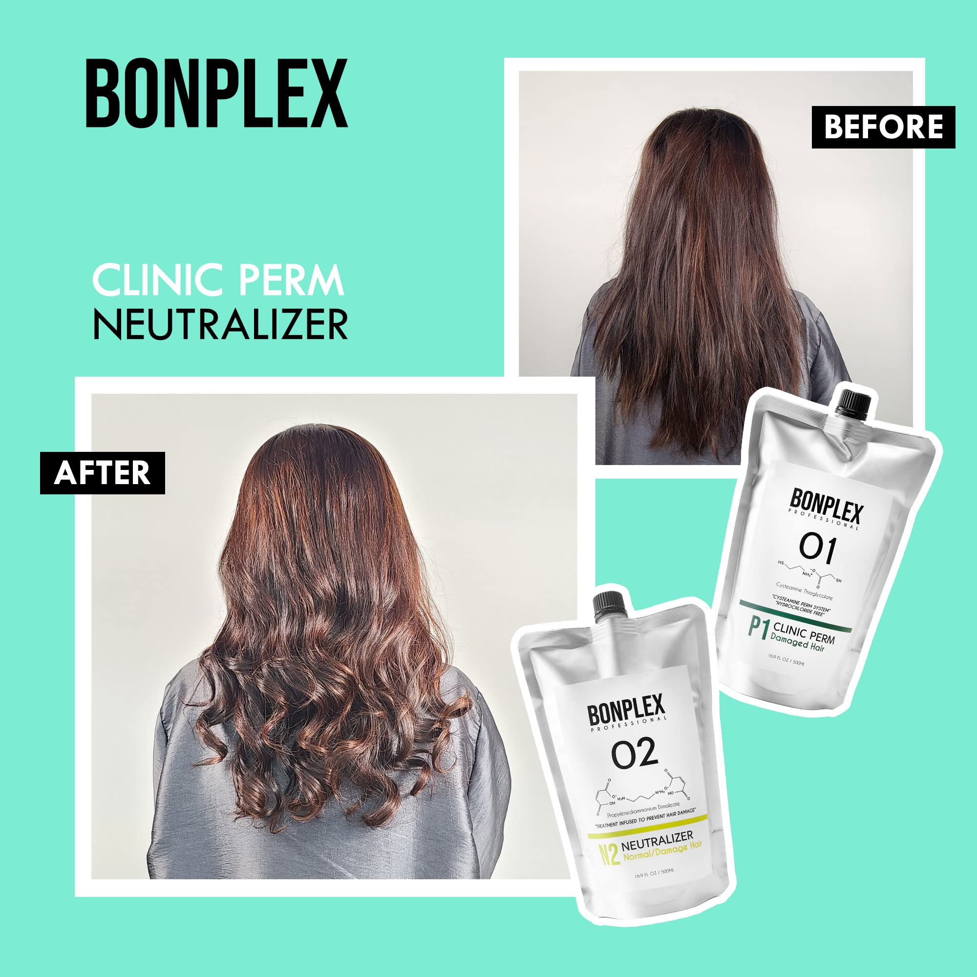 BONPLEX Clinic Perm for Damaged | Color Treated | Chemically Treated | Thin or Delicate Hair | Cysteamine Thioglycolate Based | Hydrochloride Free | pH 4.5 | Cream Type Multi-Perm System 16.9oz