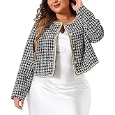 Agnes Orinda Plus Size Plaid Tweed Blazer for Women Collarless Long Sleeve Open Front Work Short Jacket