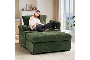 SCZMWJ Oversized Chaise Lounge Chair Indoor with Storage, Chaise Lounge Reading Chair and Ottoman, Sleeper Sofa with USB & Cup Holder, Modern Small Sofa for Living Room, Bedroom (Green)