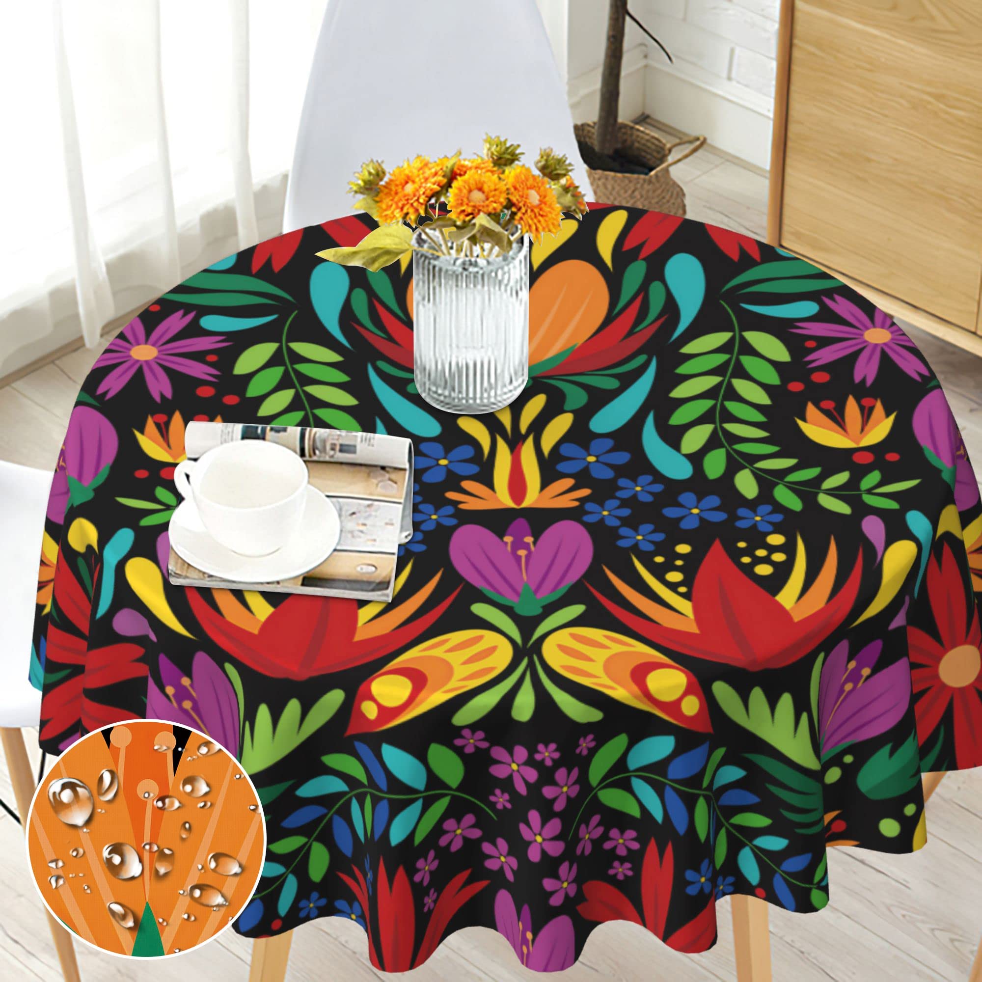 Round Tablecloth Wipe Clean 150cm - Bold Boho Tropical Floral Pattern - Wipeable Circular Table Cloth Waterproof Stain-Resistant Polyester Table Cover for 4-6 Seater Dining Patio Garden Outdoor