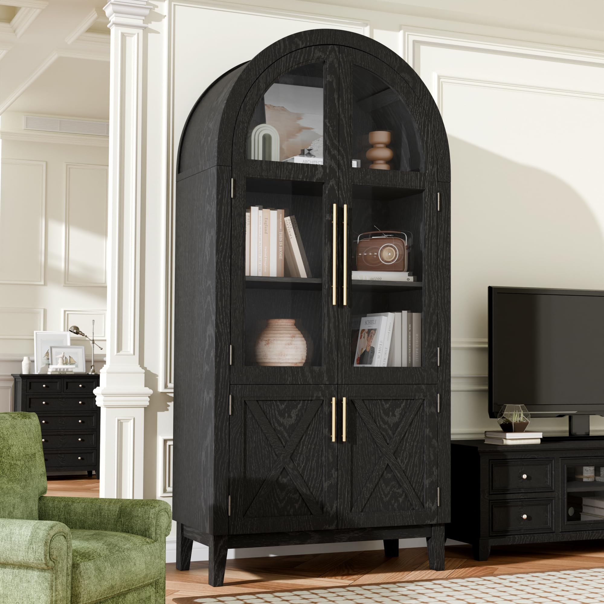 Photo 1 of ***DIFFERENT COLOR THAN FIRST PICTURE (BLACK & BEECH WOOD COLOR)*** infurnic 74" Tall Arched Display Cabinet with Glass Door, 5-Tier Arched Cabinet with Storage Door for Living Room, Dining Room & Kitchen, Black & Beech