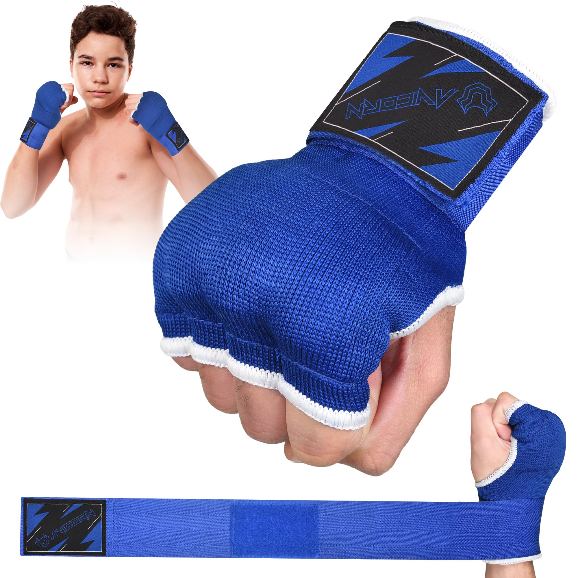 Photo 1 of AVICORN Kids Boxing Handwraps Kids Fist Protector Inner Gel Gloves Quick Wraps for Punching Great for MMA Training (Blue/White, XS)