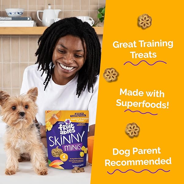 FRUITABLES SKINNY MINIS DOG TREATS, HEALTHY PUMPKIN TREAT FOR DOGS, LOW CALORIE & DELICIOUS, PUPPY TRAINING, NO WHEAT, CORN OR SOY, MADE IN THE USA, PUMPKIN AND MANGO FLAVOR, 5OZ