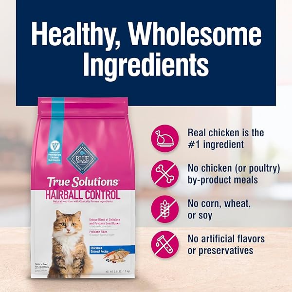 BLUE BUFFALO TRUE SOLUTIONS HAIRBALL CONTROL NATURAL DRY CAT FOOD FOR ADULT CATS, CHICKEN, 3.5-LB. BAG