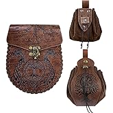 EpicCos 3 PCs Medieval Faux Leather Belt Bag Set, Renaissance Drawstring Pouch Dice Bag, Vintage Side Pack Coin Purse for LARP (Brown A)