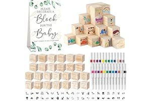 Aisharery 117 Pcs Baby Shower Blocks to Decorate Game Kit Includes 52 Wooden Blocks 24 Markers 1 Game Sign 40 Templates to Paint (Leaf)