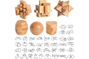 BLING MUSAE 42 PCS Metal & Wooden Brain Teasers Puzzles Kit -Unlock Interlock Puzzles Box Coils for Adults Mind IQ Logic Test Disentanglement Games Educational Toys School Office Supplies WP10