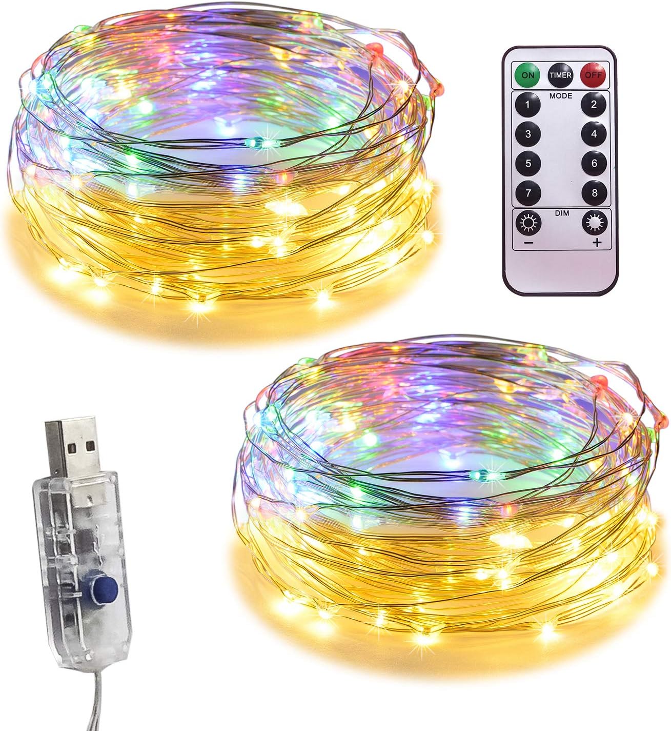 ANJAYLIA 2 Pack LED USB String Lights, Fairy Lights Plug in with Remote & Timer