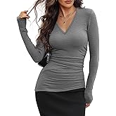 METHE & CIEL Women Long Sleeve V Neck Shirts Dressy Casual Asymmetrical Slim Fitted Ruched Fall Tops Trendy Tunic Blouse