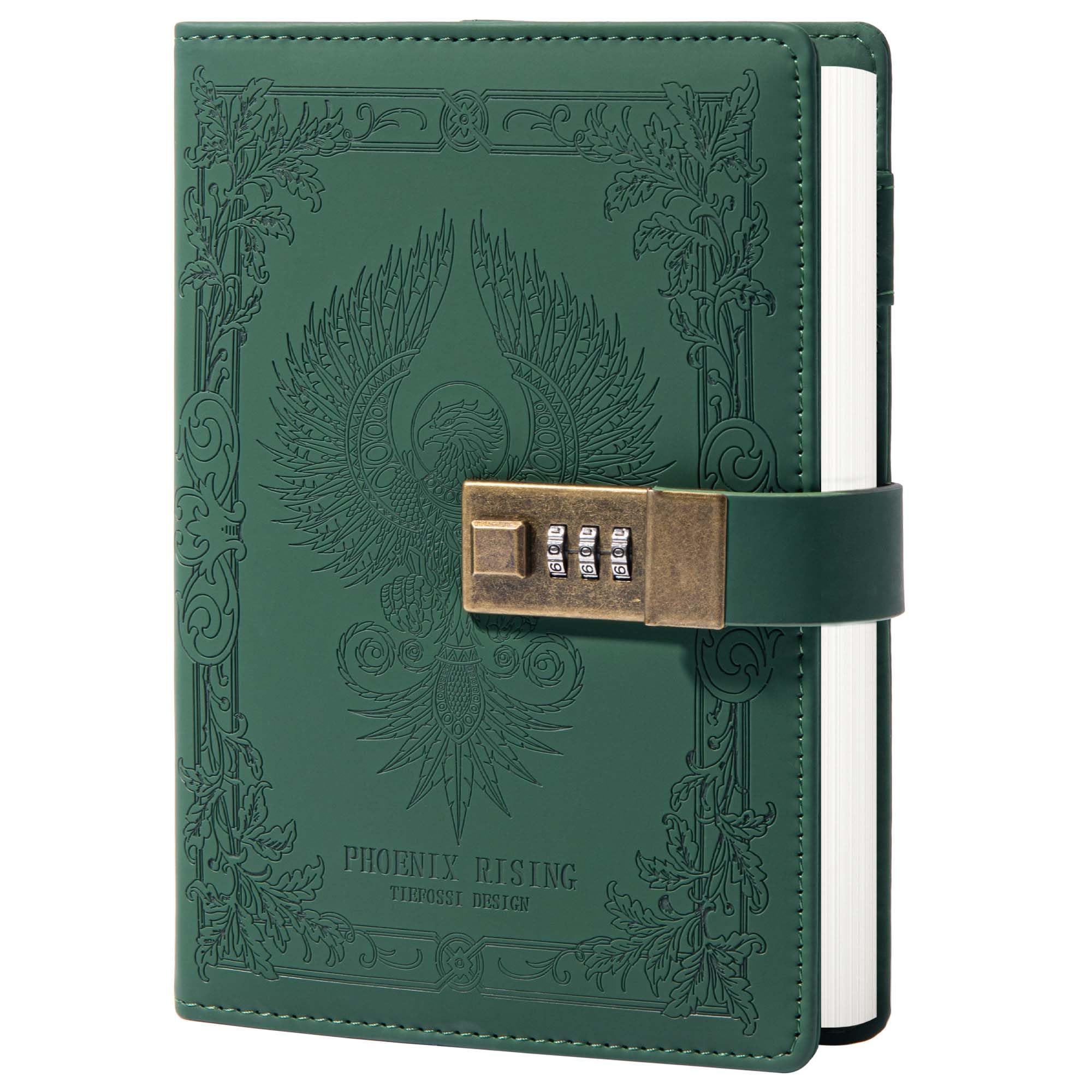 TIEFOSSI Phoenix Journal Notebook with Lock, Vintage Leather Locked Diary, B6 Travel Refillable Ruled Lined Writing Paper, Secret Password Gift Diary for Women Girls Boys (Green)