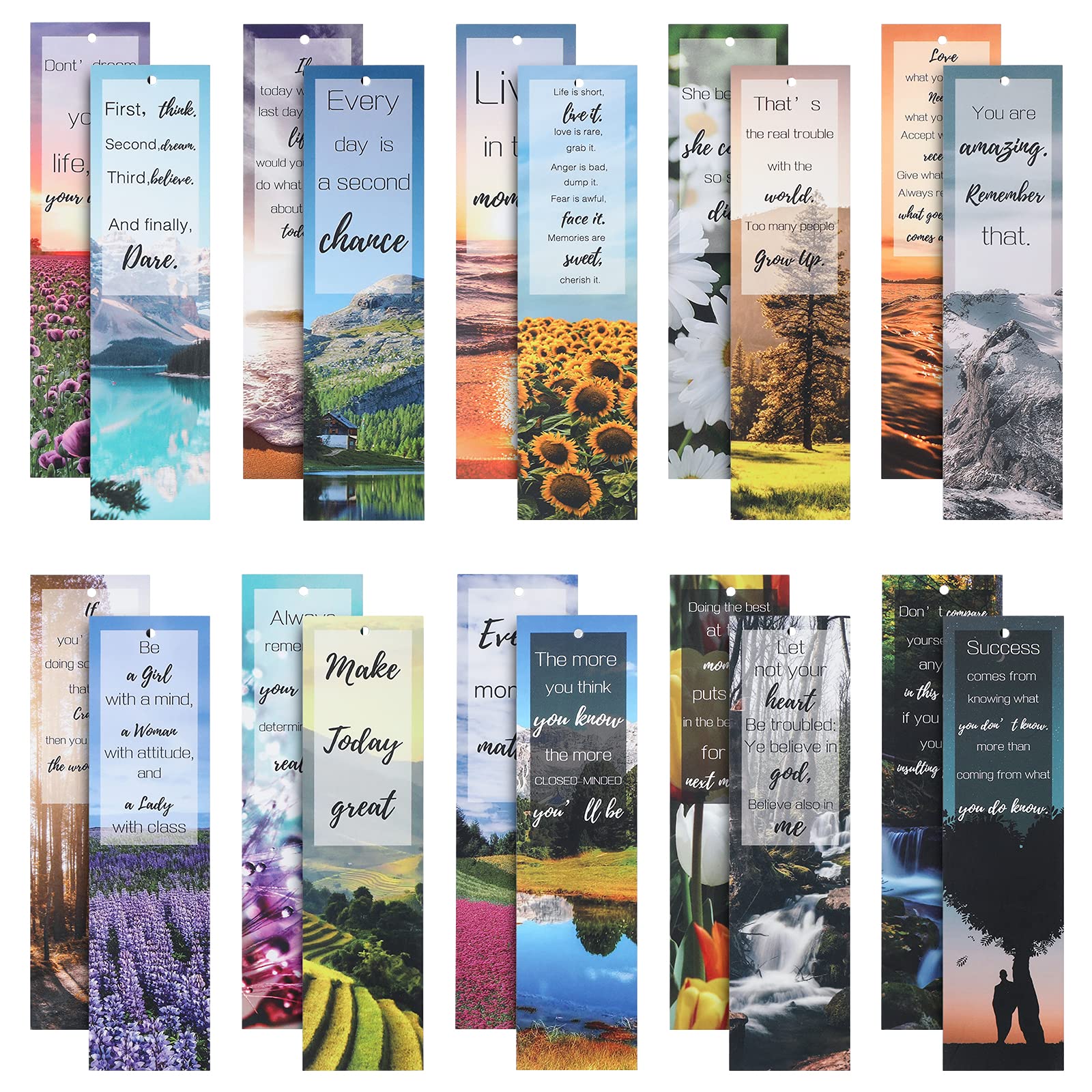 VETPW 20Pcs Inspirational Paper Bookmarks, Nature Bookmark Set with Encouraging Quotes for Book Lovers, Double-Sided Book Markers Supplies for Men Women Kids Adult Classroom Reading (15x4cm,20 Styles)