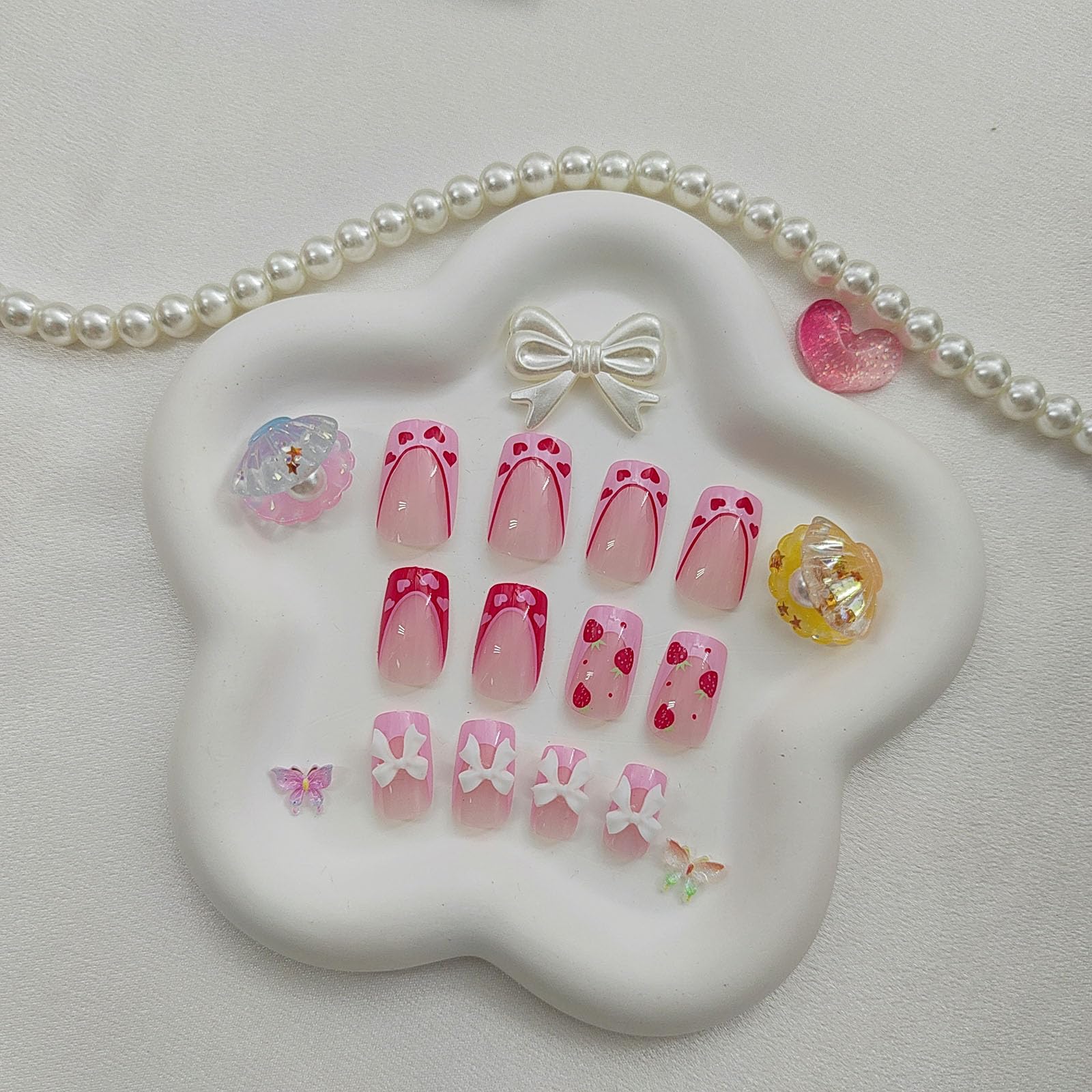 Press on Nails Square Medium Fake Nails with Heart Bow Strawberry Designs Glossy Glue on Nails Pink Red French Tip Acrylic Nails False Nails Stick on Nails for Women 24Pcs - Image 4