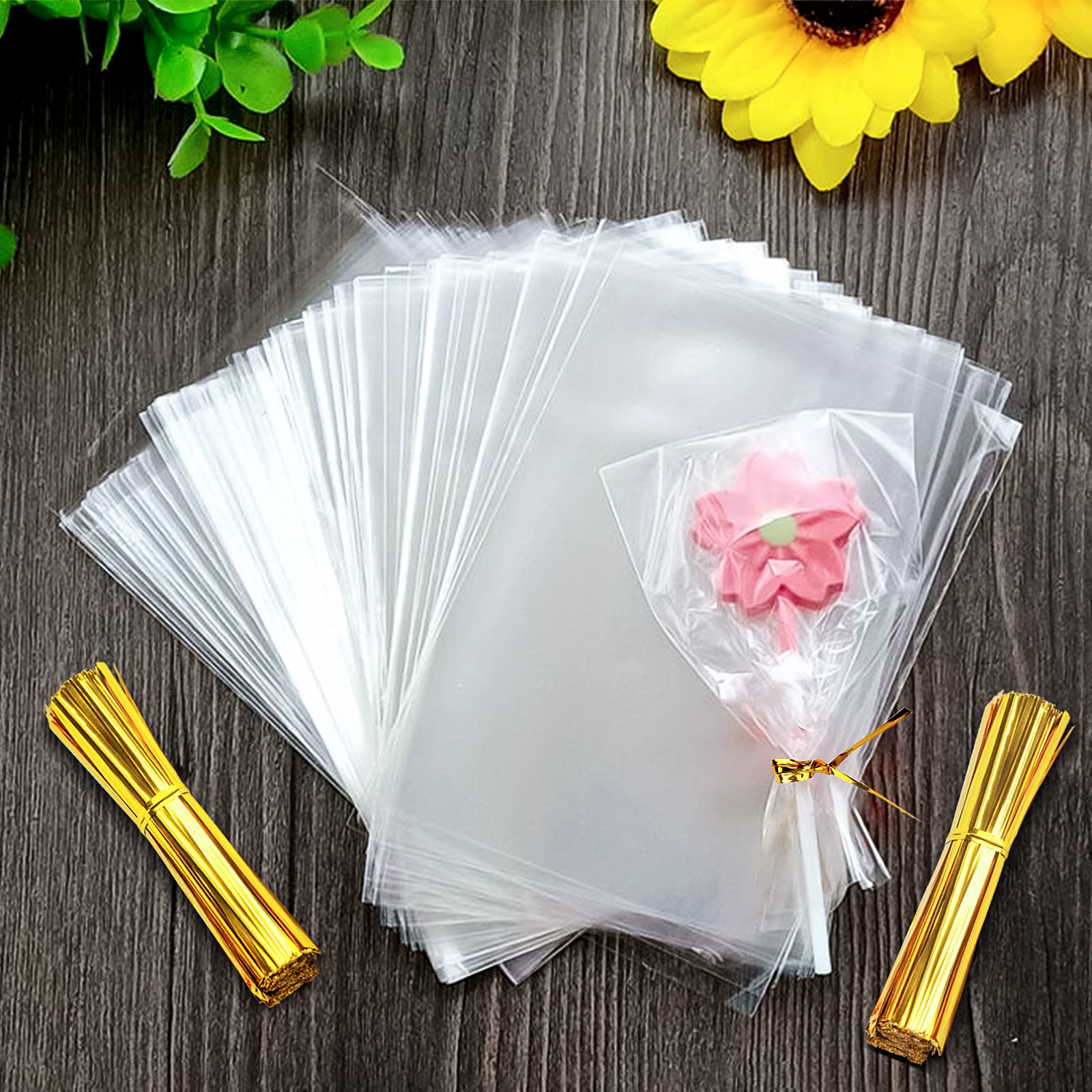 Zhenle 200PCS Clear Cellophane Bags 8 x 12 cm With 200 Gold Twist Ties for Cookie, Candy, Sweet, Chocolates, Soap - Transparent OPP Plastic Treat Bags