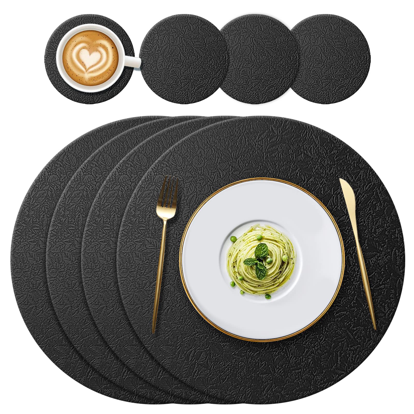 YUNJUER Round Silicone Placemats (34cm) and Coasters (10cm) Set of 4, Heat-Resistant 450 °F, Non Slip Washable Place Mats for Home, Hotel, Kitchen, Indoor, Outdoor Glass Dining Table, (Black)