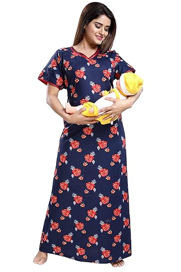 Women's Feeding/Maternity Cotton Night Gown with Length 54 and Bust 44 Inches (Red, Large)
